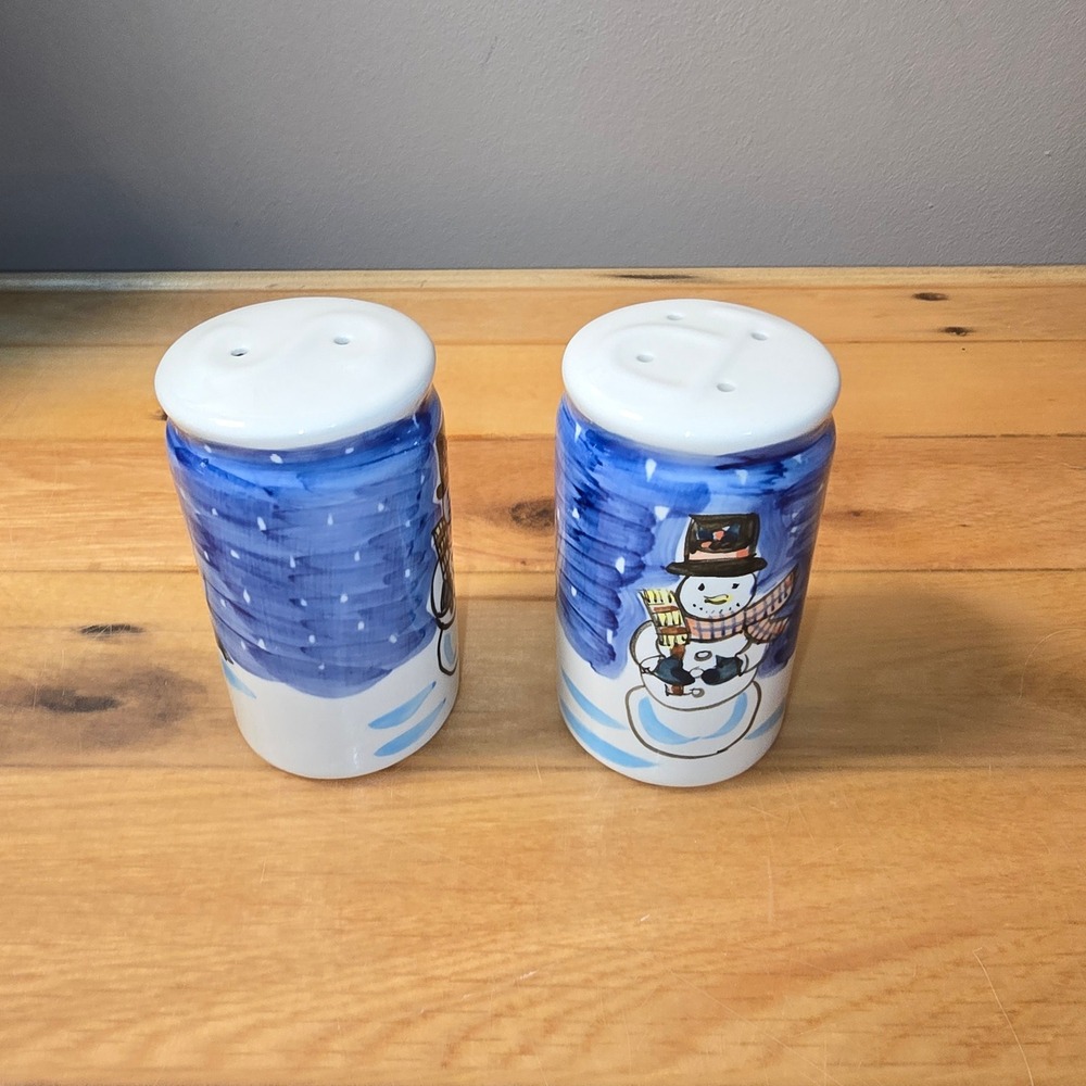 Hand Painted Ceramic Snowman Christmas Tree Salt and Pepper Shakers Set MCM - Picture 4 of 6